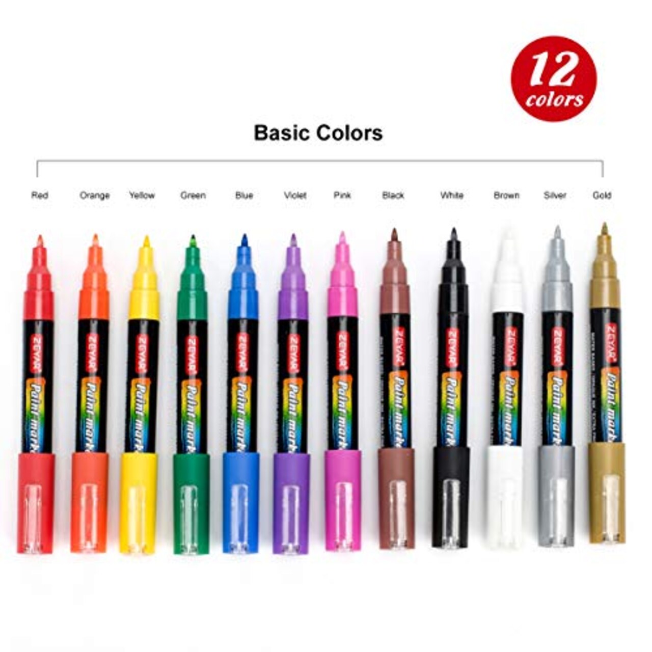 12 colors Acrylic Paint Marker Pens, Extra Fine Point, Nylon Tip, 12 colors, Water based, Expert of rock painting, Water and Fade Resistant, Non-toxic